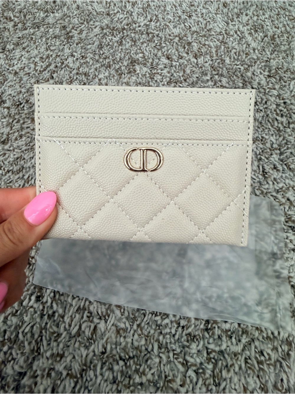 Dior Cream Quilted Card Holder with Gold CD Logo